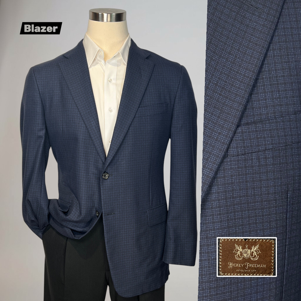 Hickey Freeman Beacon 44R Starlight Blue Black Micro Check Plaid Wool Blazer